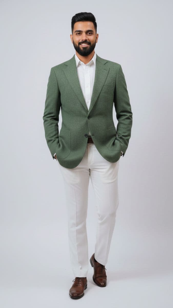 Green Linen Blazer With Off White Pants