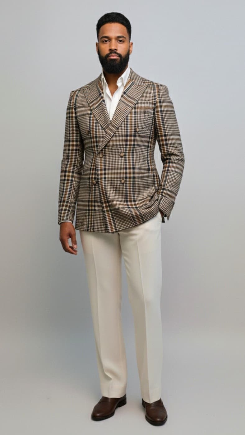 Brown Over Check Double Breasted Jacket With Cream Pants