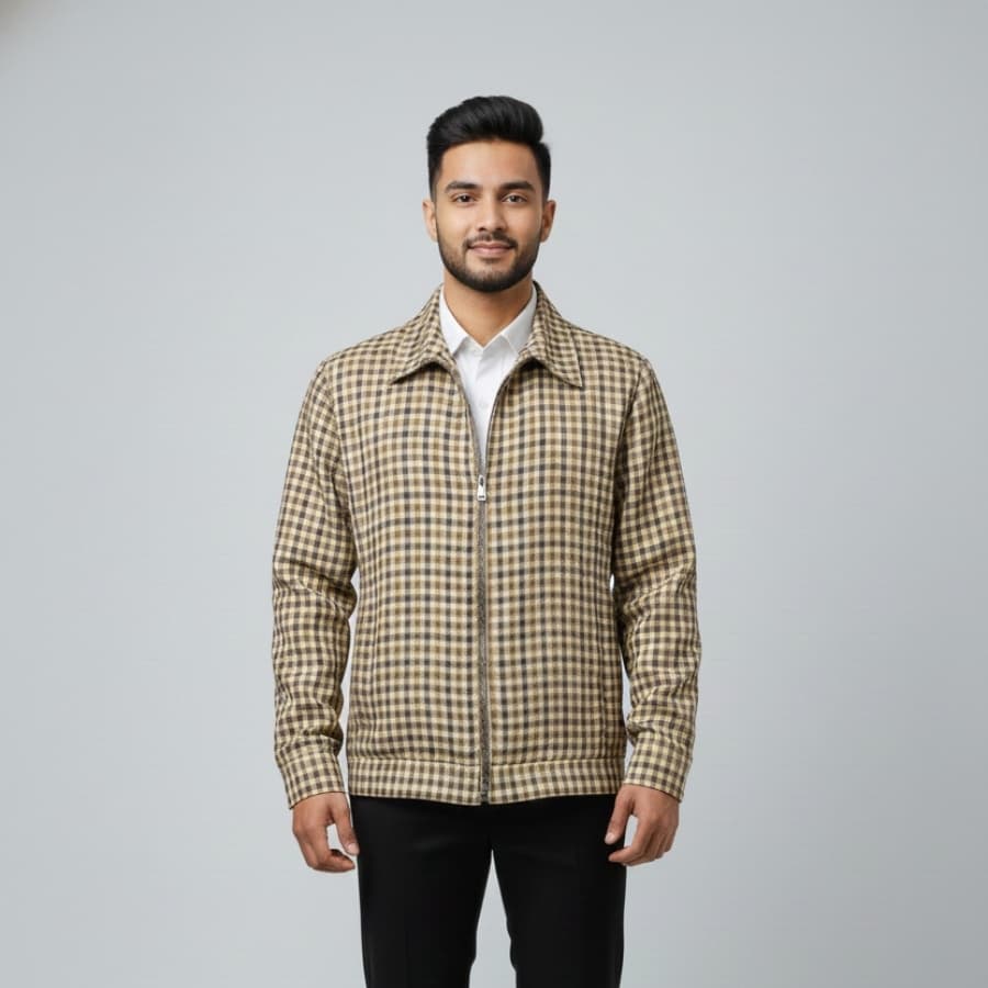 Light Brown Check Jacket For Casual Wear