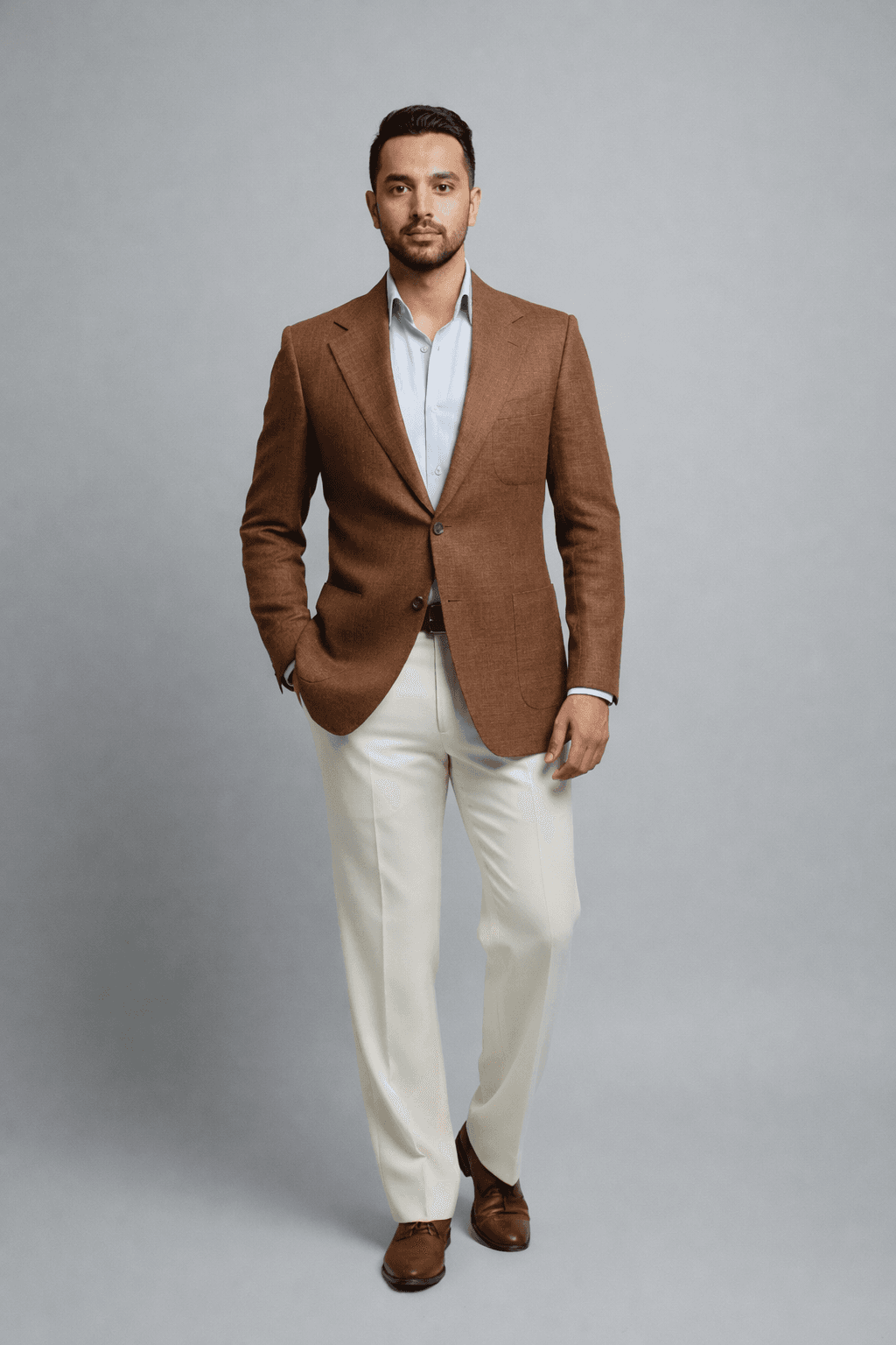 Brown Linen Single Breasted Blazer With Cream Pants